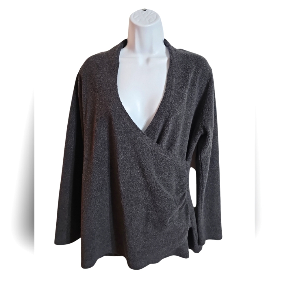 Soft Surroundings Womens Petite Medium Charcoal Faux Wrap Sweater Cozy Preppy - Picture 2 of 6